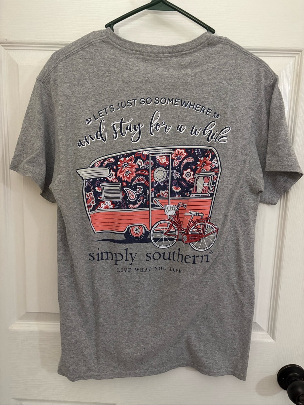 Simply Southern Gray Tee with Coral and Navy Camper Graphic